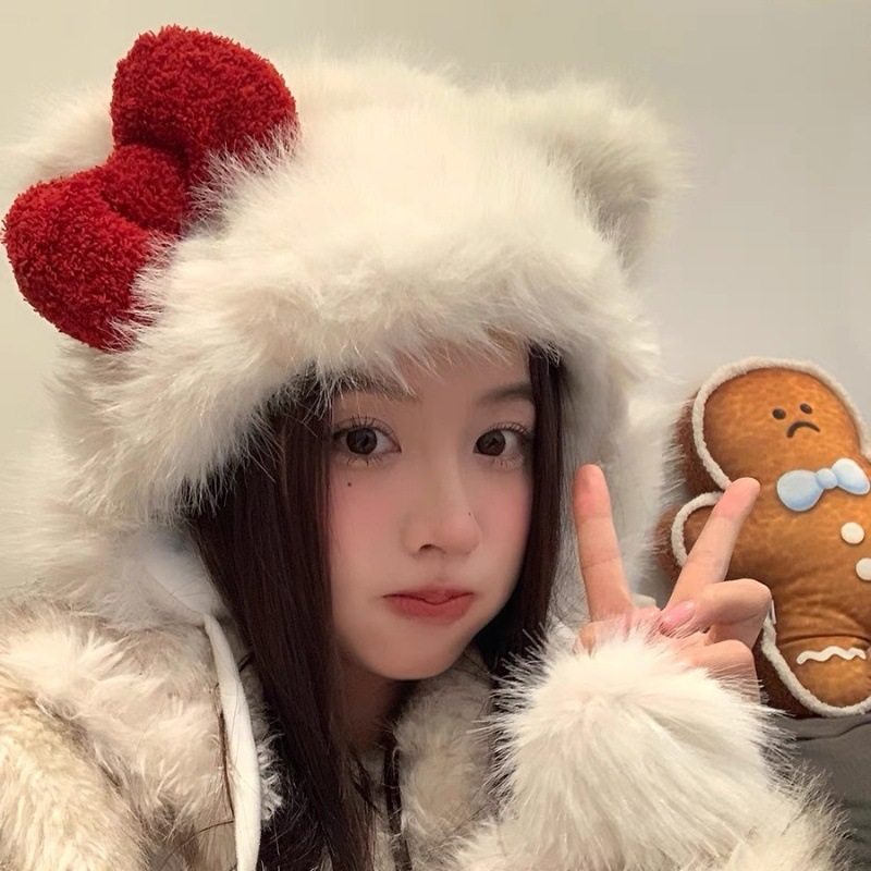 Cute cat bow plush hat Korean style winter girly fashion warm thunder hat anti-freeze ear hat for women