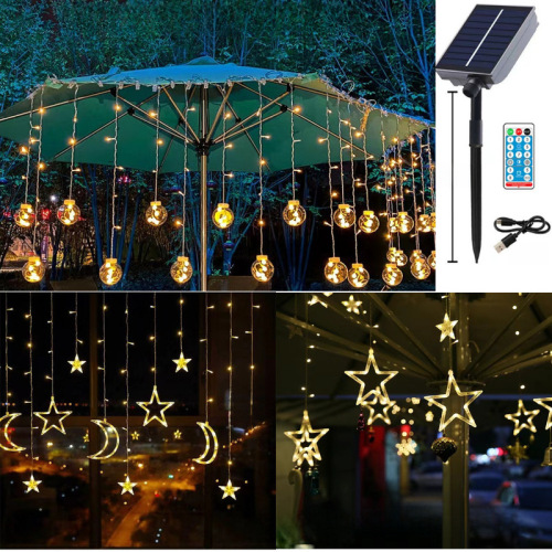 Solar outdoor waterproof big and small stars/wishing ball/star and moon curtain lights Christmas camping yard decoration light string