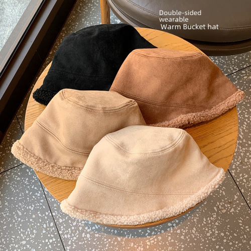 Double-sided buckskin velvet bucket hat for girls in autumn and winter, thickened lamb velvet, cold-proof and warm fisherman hat, versatile basin hat