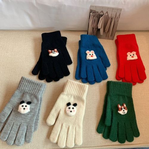 Winter cartoon cute warm gloves with fingerless touch screen students versatile cycling cold-proof minute-hand knitted gloves for women