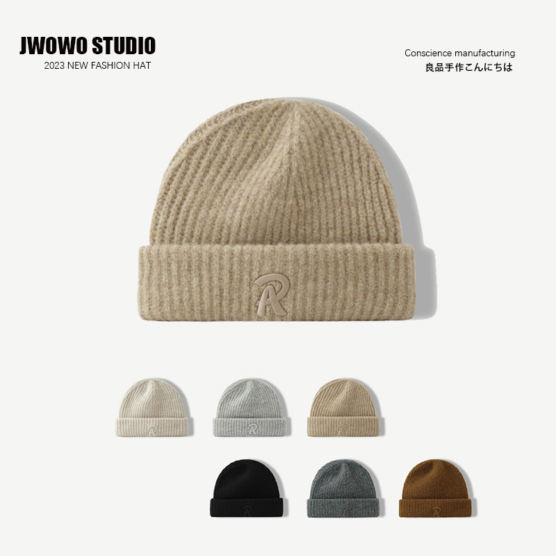 Japanese fashion brand R letter woolen hat for women winter wool ear protection knitted hat warm loose versatile cold hat