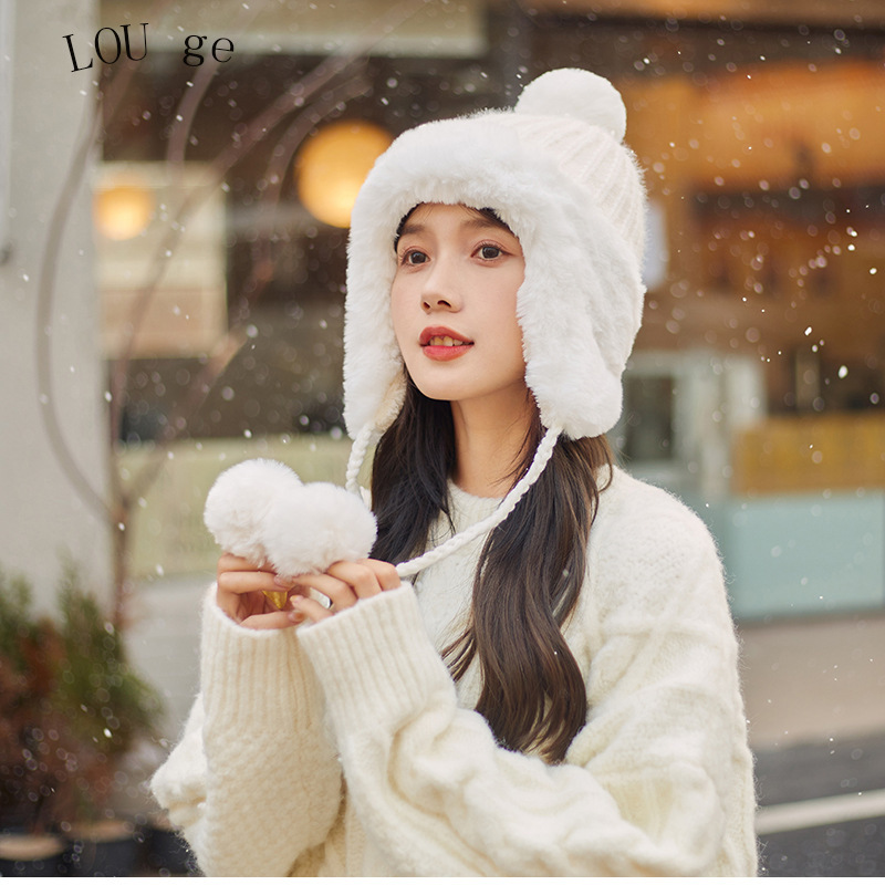 New velvet thickened warm Lei Feng hat Northeast travel cold protection ear protection solid color pullover hat fur ball ski hat