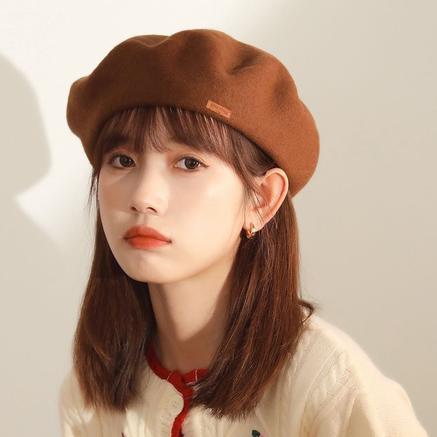 Temperament solid color wool beret women's Japanese brown autumn and winter beret hat versatile literary retro painter hat trend