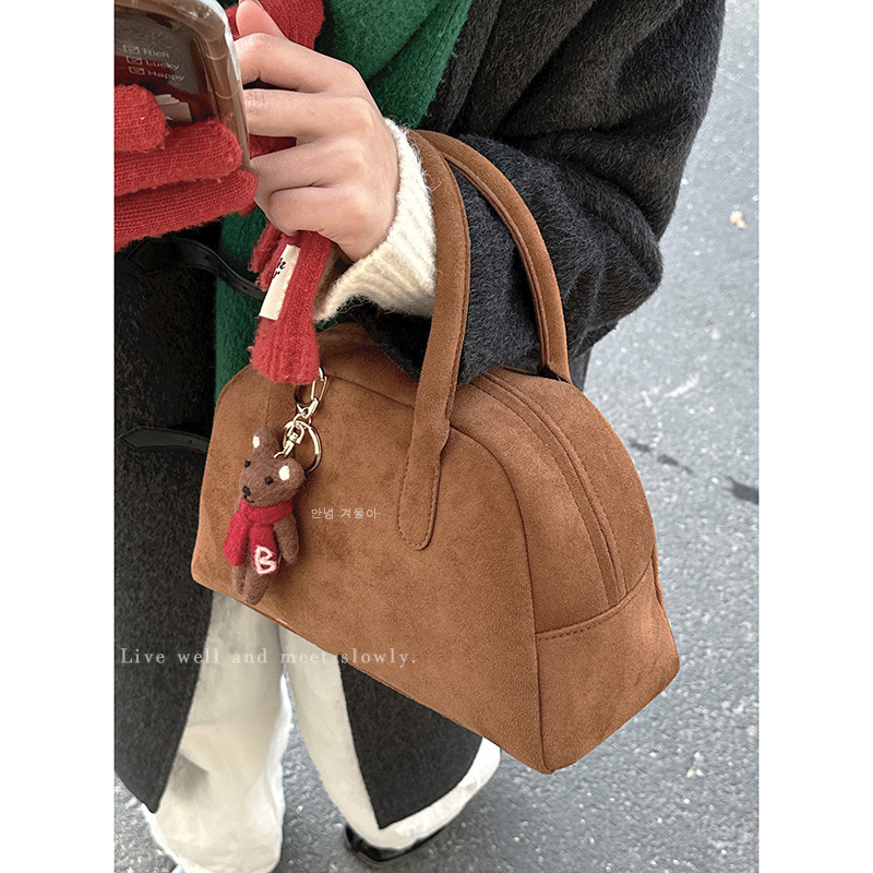 Retro niche retro buckskin bowling bag for women 2024 new simple handbag large capacity commuter bag