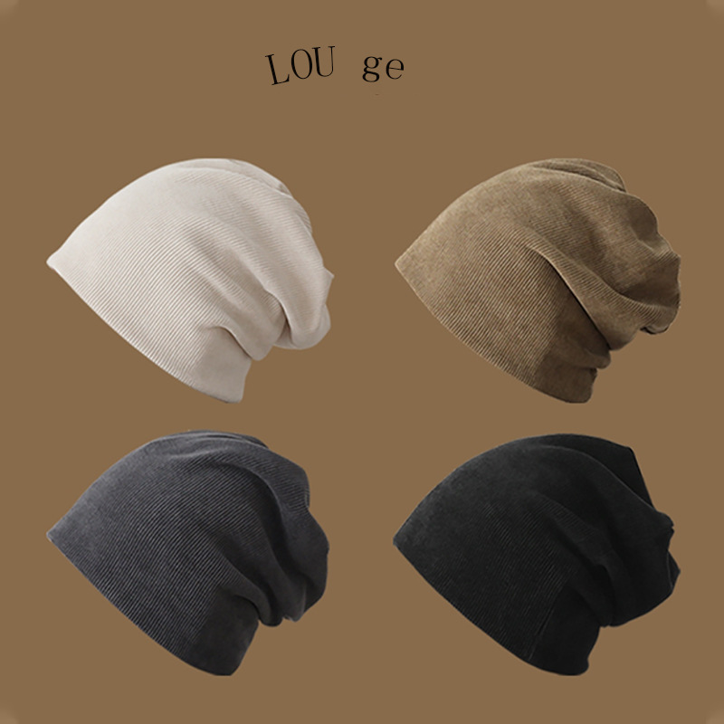 Loose pile hat, four seasons corduroy, Japanese retro pullover hat, solid color lazy style confinement hat