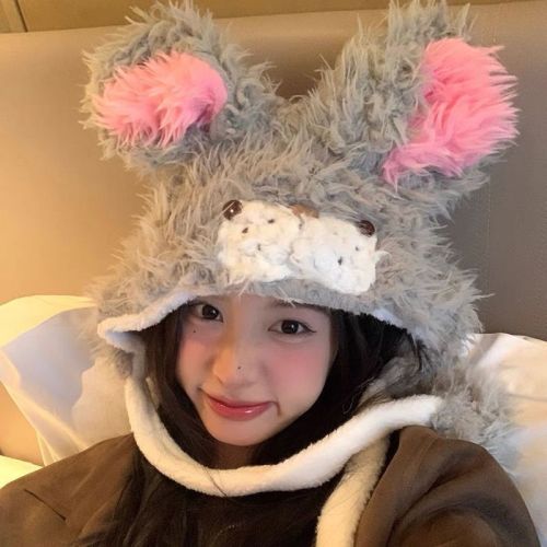 Plush bunny ears Baotou hat ins new warm and antifreeze Lei Feng hat big head circumference cartoon cute ear protection hat for women