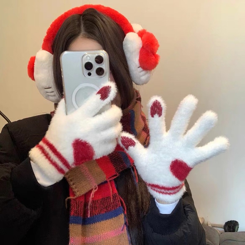 Winter touch screen thickened plush knitted gloves outdoor warm and antifreeze cycling finger gloves for women