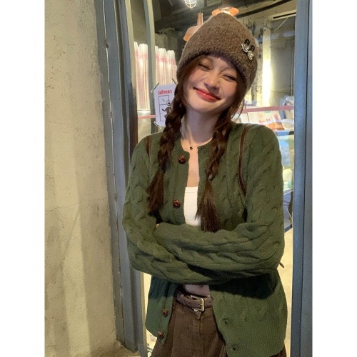 Song Jong-eun green knitted cardigan sweater jacket women's new spring sweater with high-end Korean style top