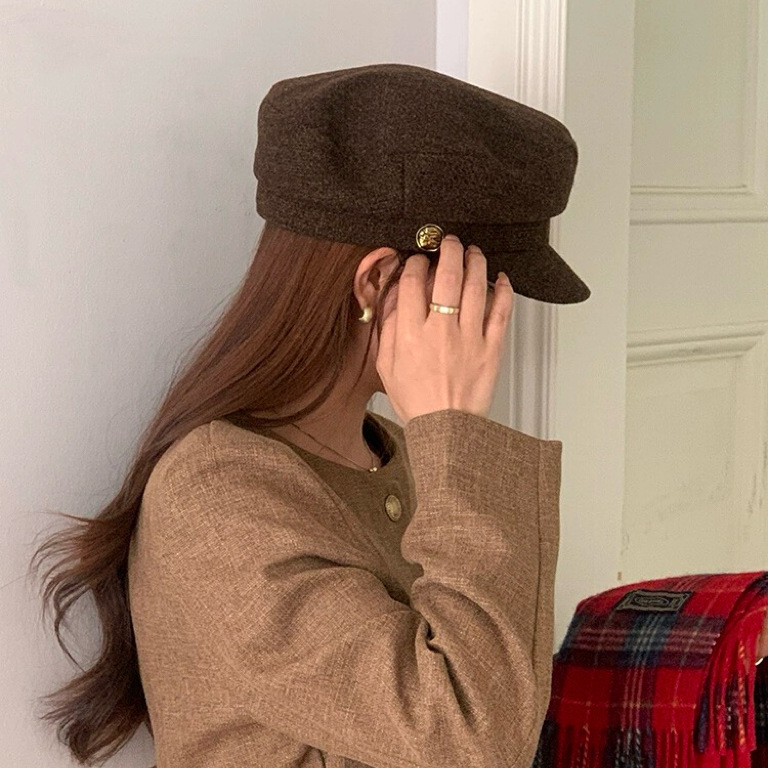 Wool Newsboy Hat New Beret Hat Women's Autumn and Winter Retro Octagonal Hat British Flat Top Painter Hat
