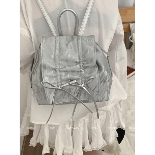 Niche texture pleated bow backpack women's 2024 new fashion sweet silver back large capacity school bag