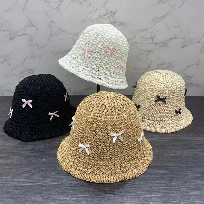 Korean style bow straw hat for girls, sweet and cute fisherman hat for traveling to the beach, sun protection hat