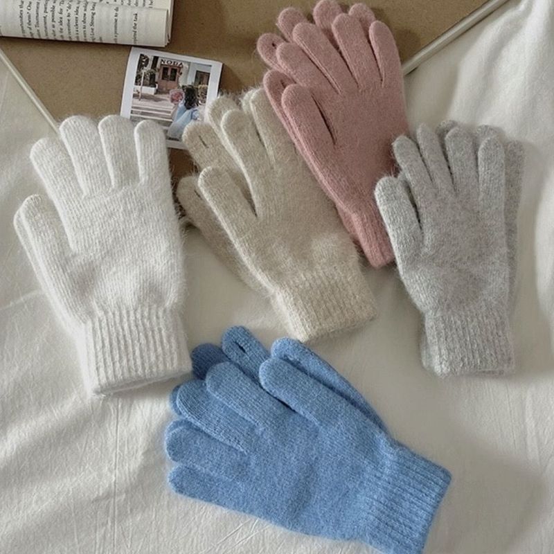 Fingerless touch screen rabbit fur plus velvet warm gloves winter warm and anti-freeze five-finger cycling ins mobile phone gloves blue