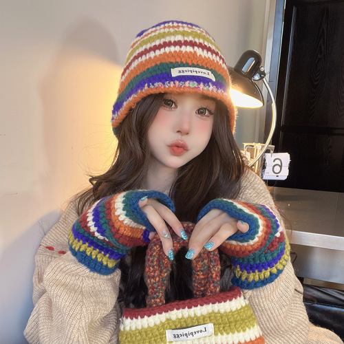 Autumn and winter knitted rainbow beanie women's outdoor warm and cold-proof three-in-one gloves bag fashionable dopamine hat