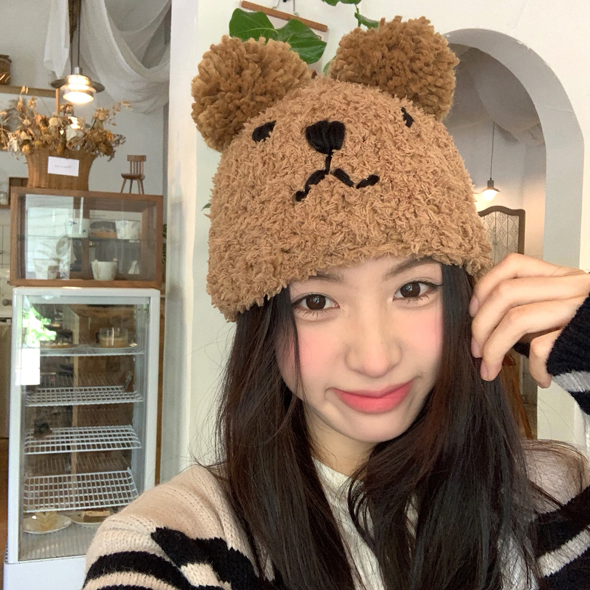 Winter cute and versatile bear plush knitted hat thickened and warm cartoon ear protection woolen hat for women