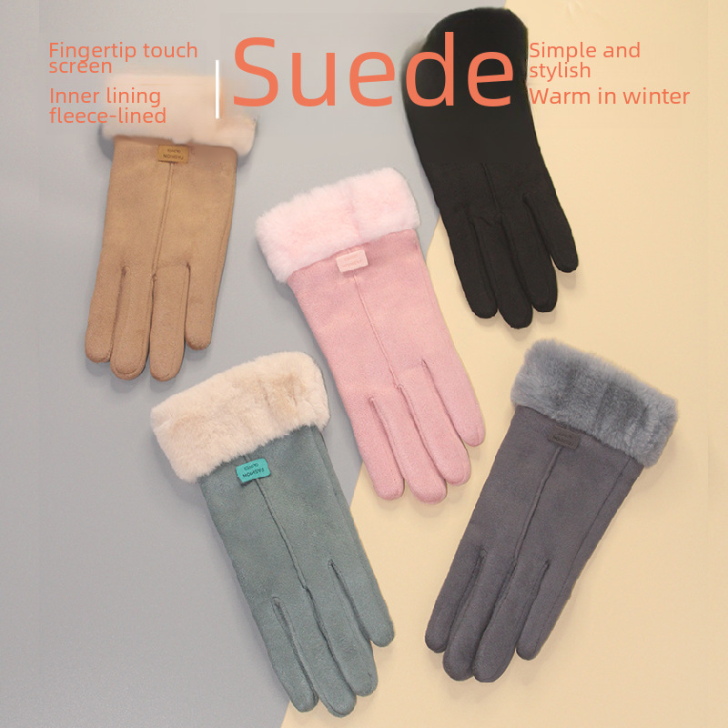 Outdoor warm gloves for girls to ride and play in the snow in winter, plush gloves, windproof touch screen casual double-layer thickened gloves