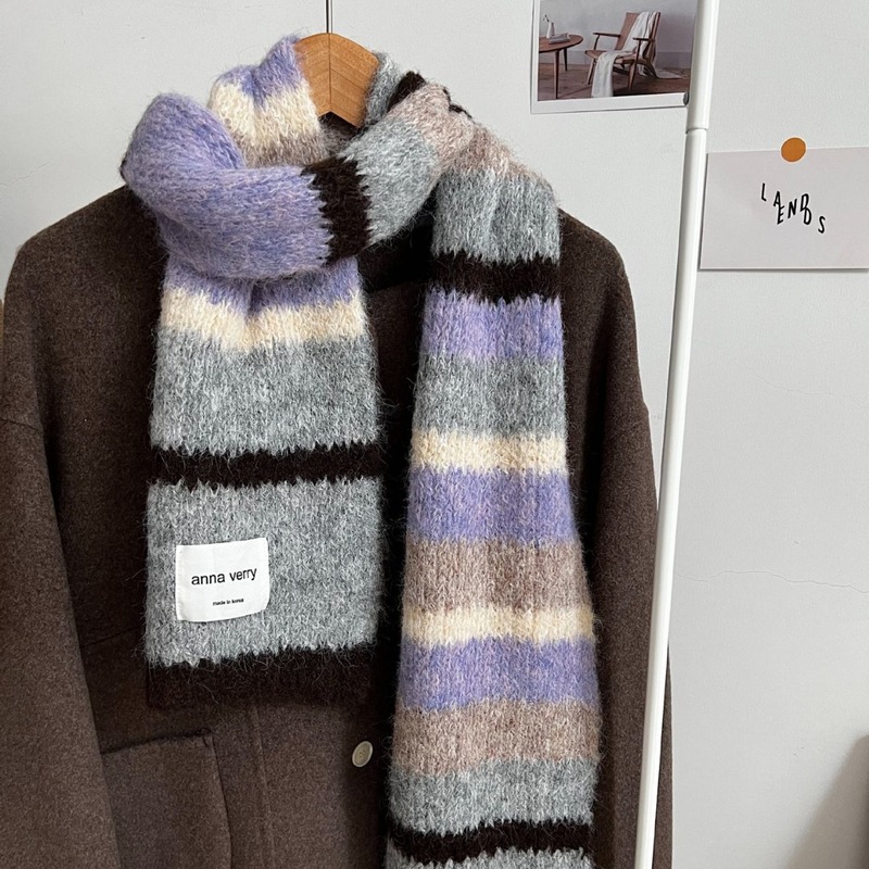 Gray Purple Striped Contrast Color Mohair Knitted Scarf Women's Winter Korean Version Thickened Warm Scarf