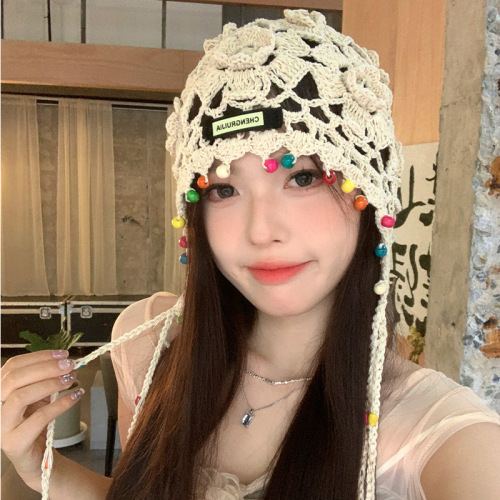 Bohemian Flower Tassel Hollow Baotou Hat Women's 2024 New Ethnic Style Thin Handmade Knitted Hat