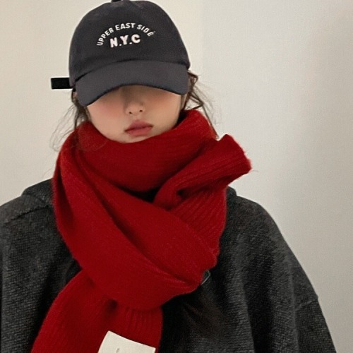 New Year Red Knitted Wool Scarf Girls Winter 2024 New Versatile Korean Style High-end Scarf Christmas