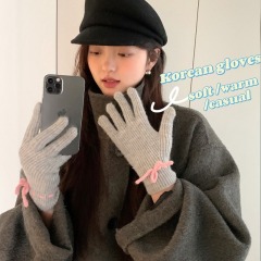 Pink Cycling Wool Gloves for Women Winter Knitted Bow Windproof and Warm with Wool