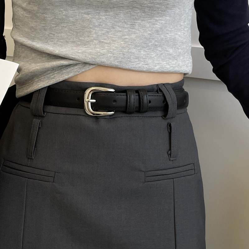 Wardrobe BI belt for women, simple and high-end bright silver buckle belt, genuine leather student youth decorative Korean style trouser belt