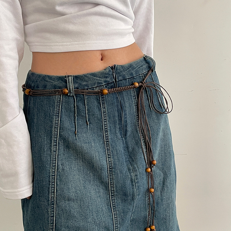 Ethnic style braided waist rope, slim and personalized, tassel hemp rope, beaded thin belt, ins style multi-functional new style