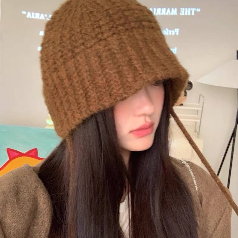 Brown knitted hat for women in autumn and winter with large head circumference, Korean style warm woolen hat, fisherman hat, versatile, showing off the face and showing off the face.