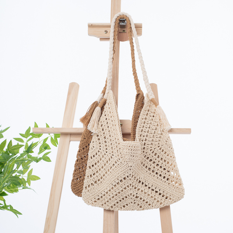 Handmade crochet cotton thread hollow square flower tassel literary style straw woven one-shoulder handbag for women