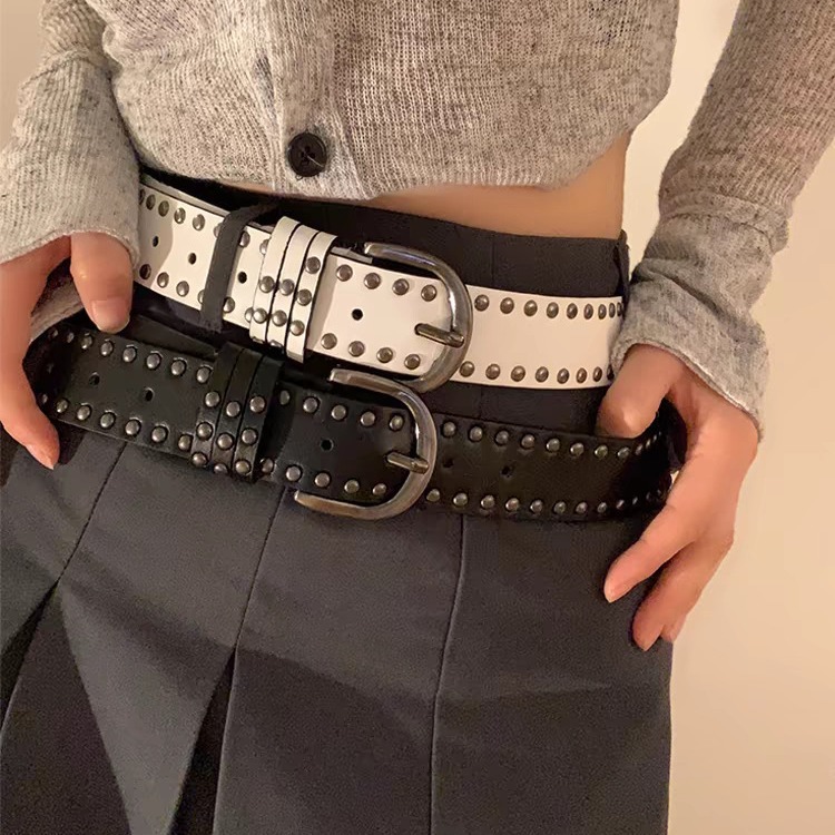 New rivet black punk style pin buckle belt for women, versatile and high-end Y2k belt for women's jeans belt