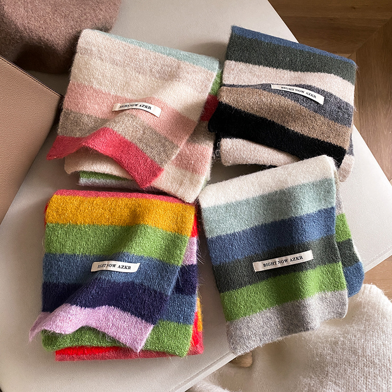 Rainbow striped mohair scarf for women winter Korean style color-blocked striped short scarf student warm short scarf ins style