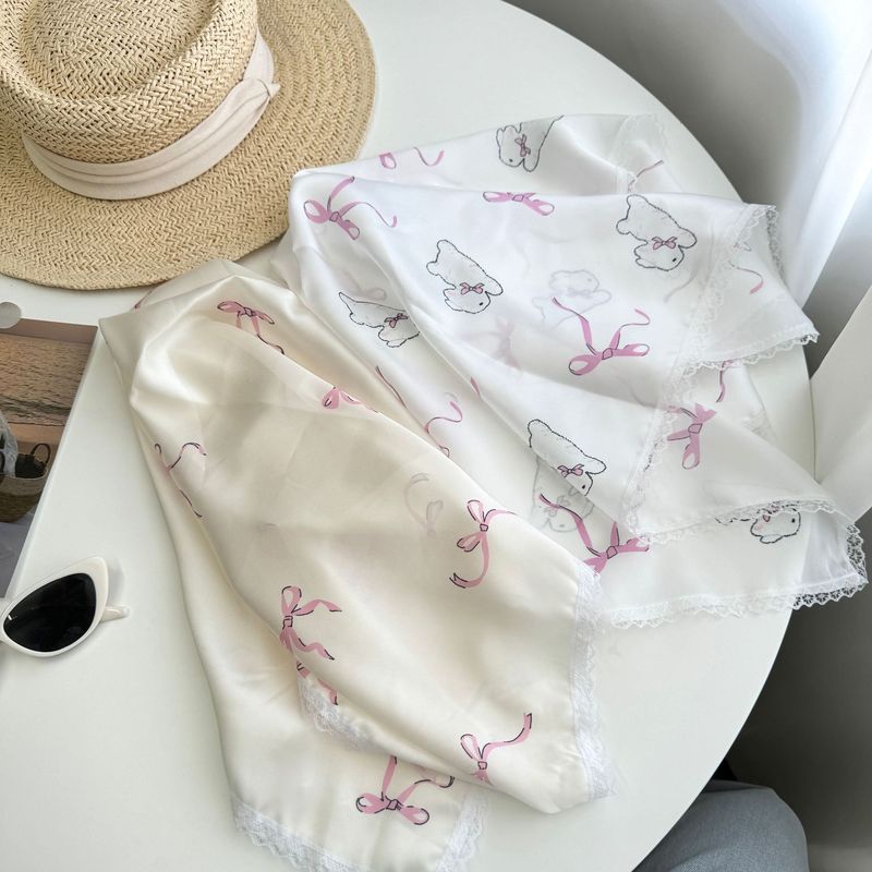 Bow small square scarf women's thin Korean style ins style decorative versatile lace edge high-end silk scarf