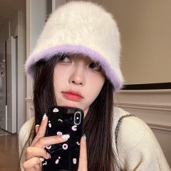 Plush Rabbit Hair Fisherman Hat Women's 2024 New Autumn and Winter Basin Hat Showing Face Little Korean Sweet and Cute Knitted Bucket Hat