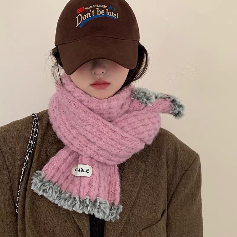 Solid color fur edge scarf for women autumn and winter 2024 new style high-end knitted warm fashion versatile couple scarf
