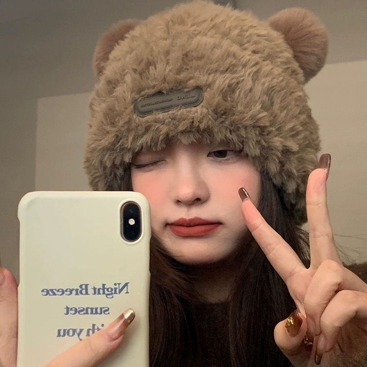 2024 new plush cute bear furry thickened knitted warm winter hat big head woolen hat