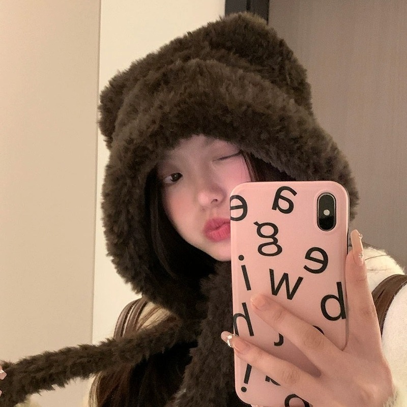 Bear plush hat for women in autumn and winter new style sweet and cute Korean style all-match face-showing ear ear protection hat for students