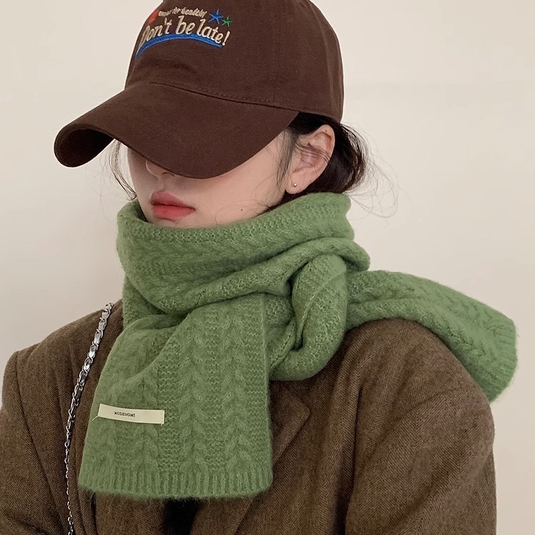 Avocado green knitted wool scarf solid color knitted wool women's 2024 new high-end warm scarf