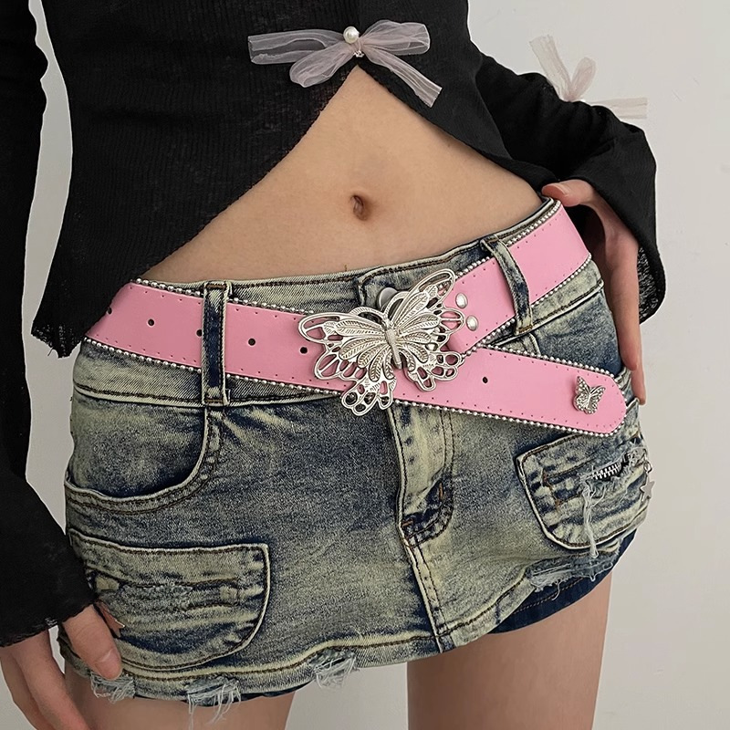 Barbie pink millennium hot girl style y2k American belt for women 2024 new butterfly belt with jeans belt