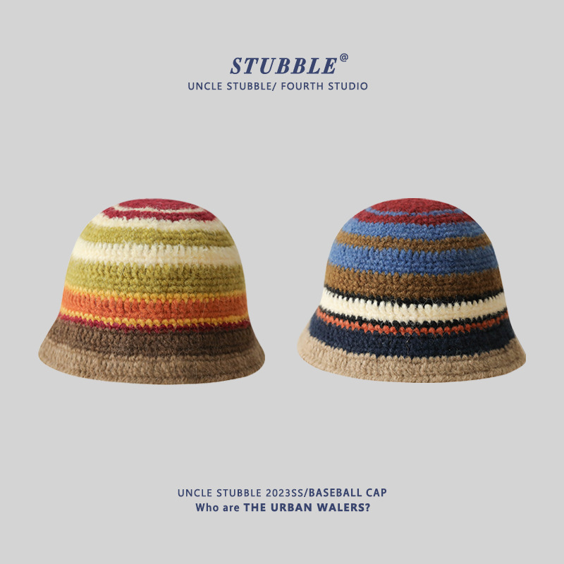 Autumn and winter retro knitted fisherman hat handmade table lamp hat girls warm woolen hat personalized face small basin hat