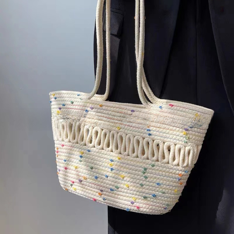 Summer niche straw woven bag women's new trendy cotton thread woven bag beach bag large capacity shoulder basket bag