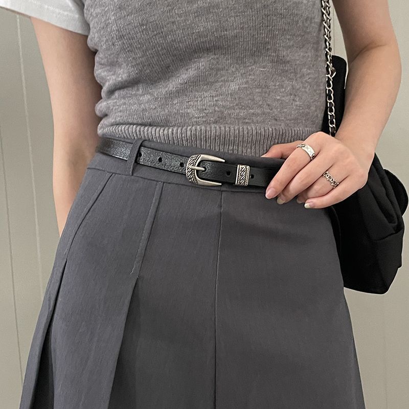 Women's ins style high-end versatile decorative American retro niche black cowhide belt