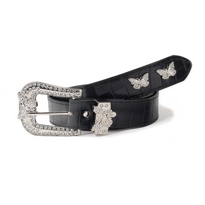 American retro diamond buckle butterfly women's belt y2k all-match low-waist jeans new women's pin buckle belt