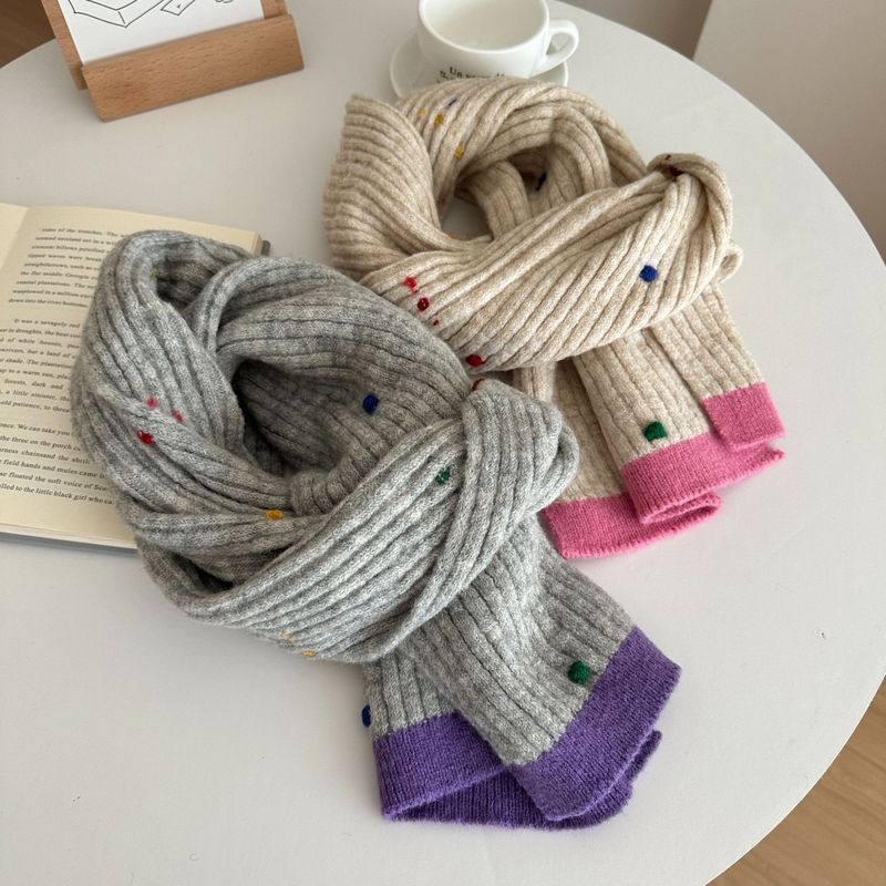 Containing wool colorful dots solid color knitted small scarf for women winter soft waxy colorful ball student couple color matching wool scarf trendy