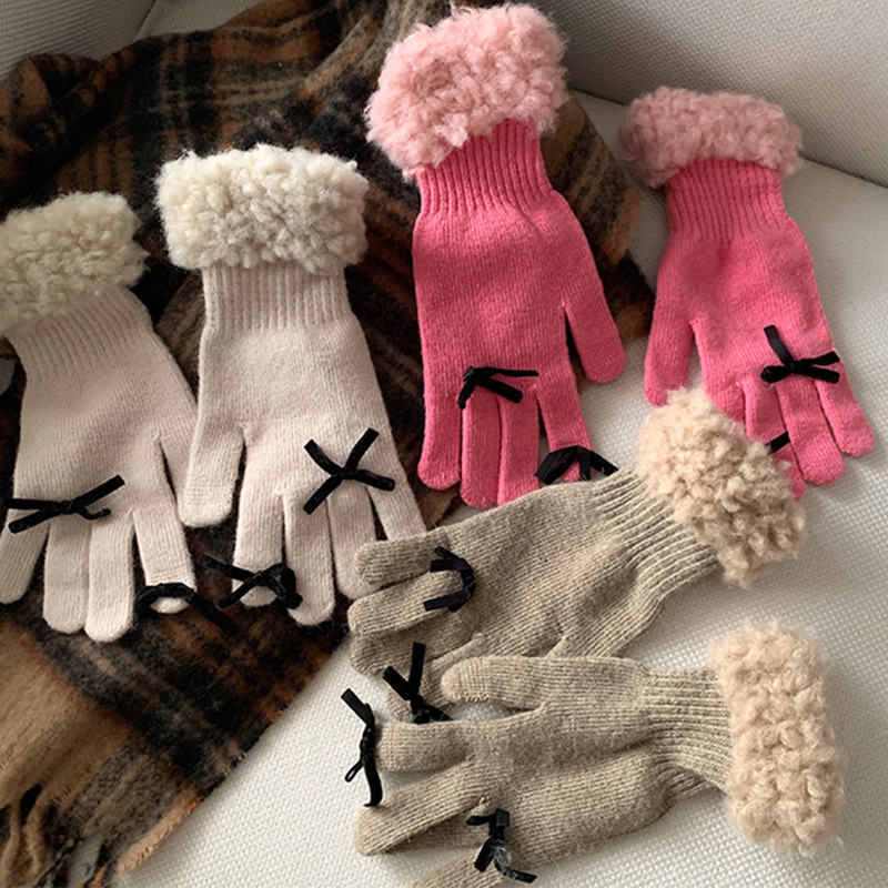 Korean style solid color bow gloves for women in autumn and winter warm and protective fingerless touch screen full finger knitted wool gloves trendy
