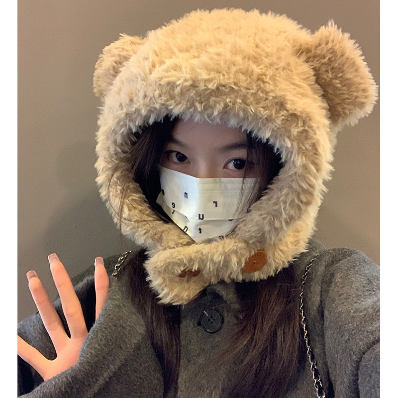 Balaclava plush bear knitted hat women's autumn and winter new warm ear protection woolen hat