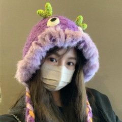 Hat Women's New Cute Rabbit Fur Little Monster Plush Autumn and Winter Warm Beanie Hat Ear Protection Lei Feng Hat