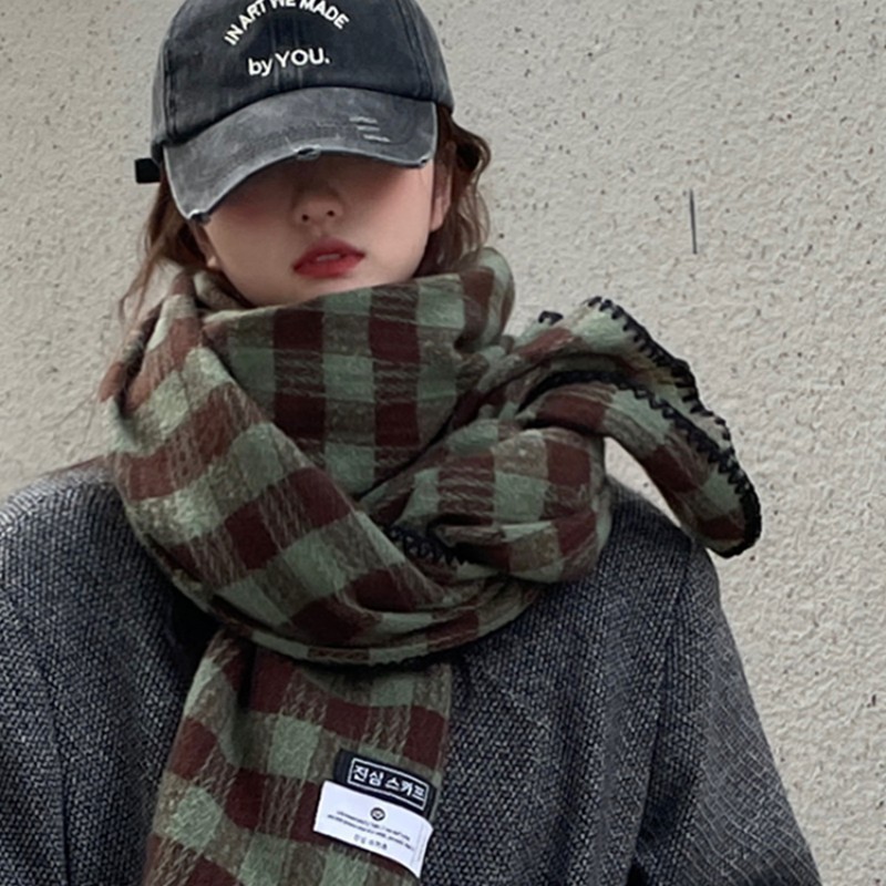 Retro Plaid Scarf 2024 New Women's Winter Thickened Korean Style Student Shawl Dual-Purpose Warm Scarf Green