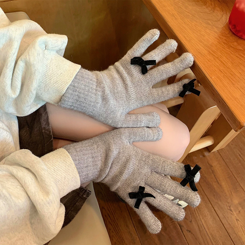 Gray bow-knot fingerless touch screen gloves for women, autumn and winter Korean style student warm knitted fingered woolen gloves