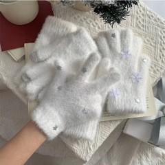 Star touch screen gloves winter furry ladies cute plus velvet thickened finger gloves warm mink velvet gloves