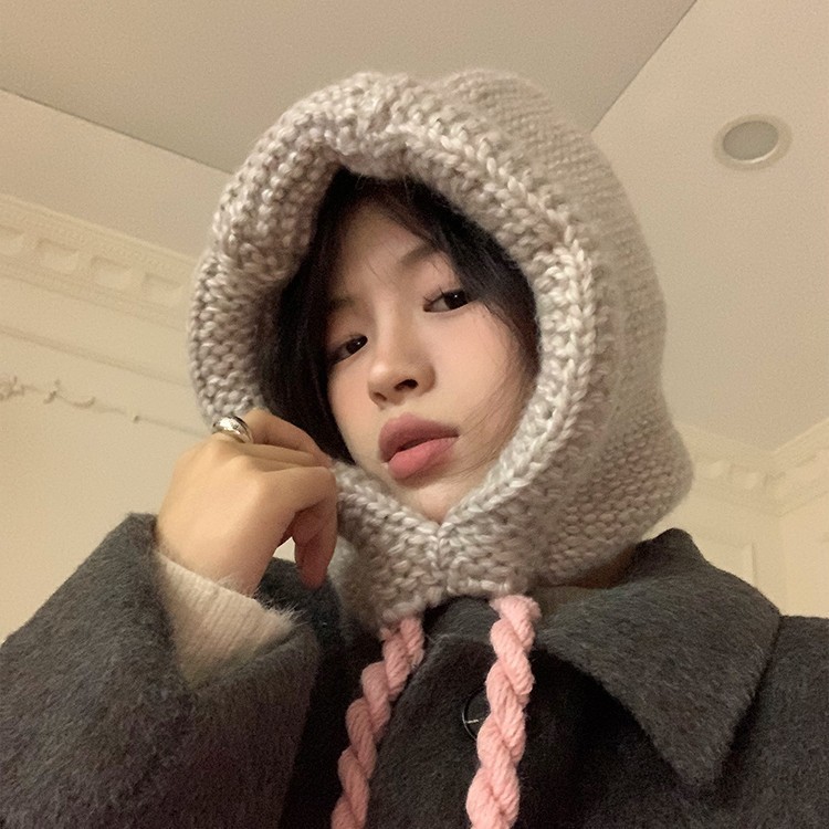 New Korean ins balaclava ear protection warm knitted pullover hat thick stick needle blue wool