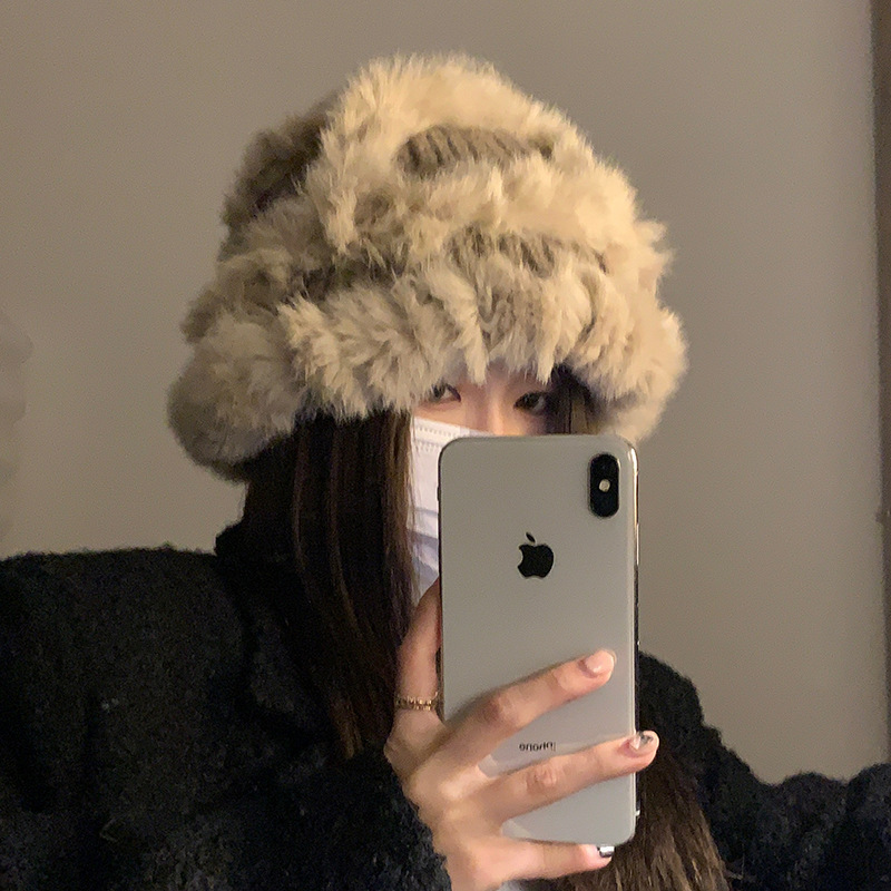 Big head circumference woolen hat women's autumn and winter real rabbit fur knitted hat showing face small warm ear protection fur lion awakening hat versatile