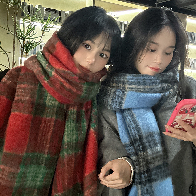 Maillard ~ Dark blue light blue* atmospheric plaid scarf for women, versatile Korean style scarf tassel shawl for autumn and winter couples